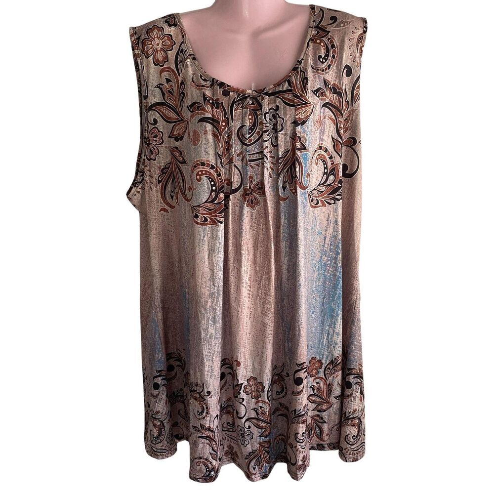 Lily By Firmiana Tunic Tank Top Womens 4XL Beige Floral Pleated Scoop Neck